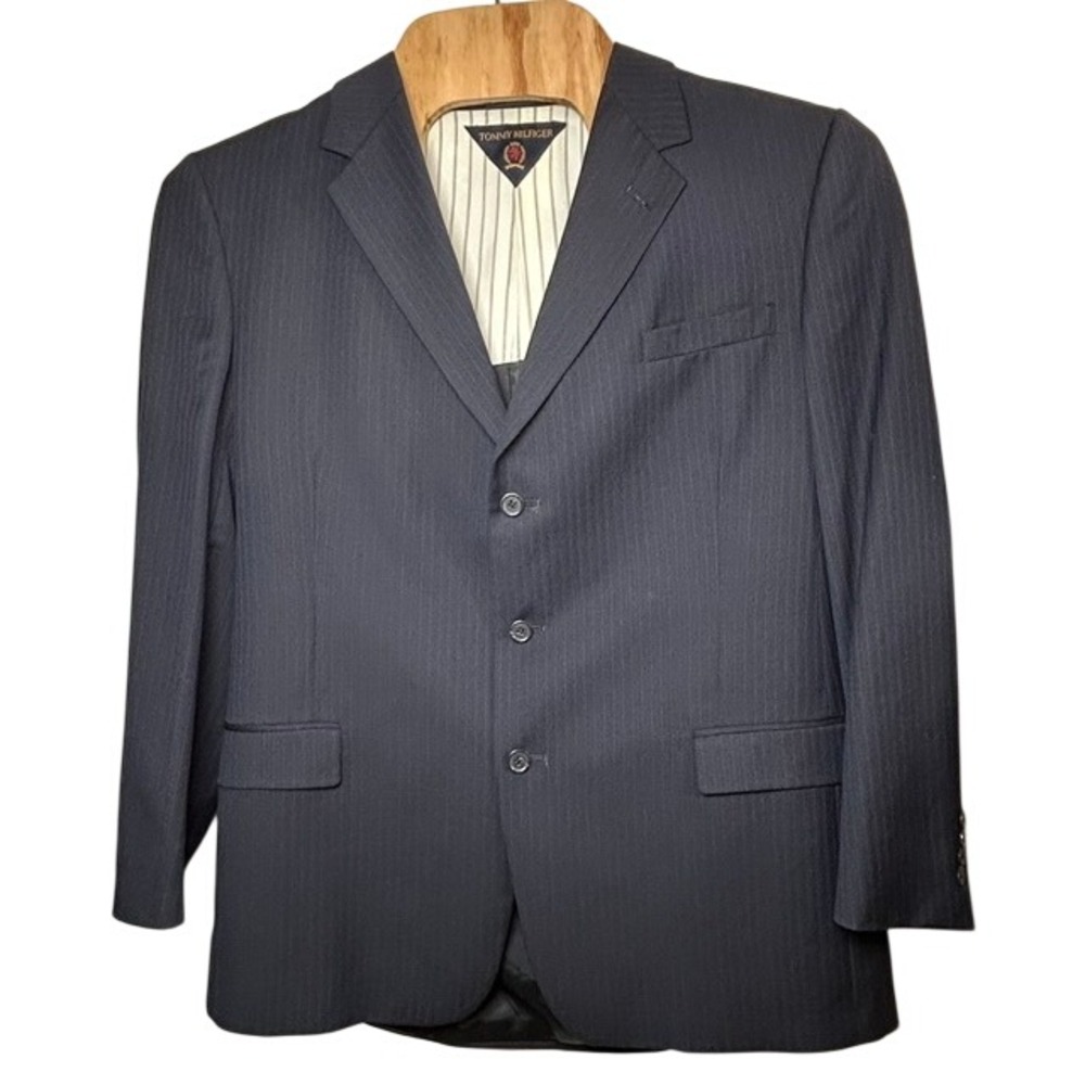 Tommy Hilfiger Men's Blue Gray Pinstripe Suit Jacket Wool 48L